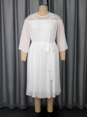 Elegant O Neck Sheer Mesh Ruffle Bandage Midi Dress