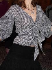 Casual Plaid Patchwork Strap Design V Neck Shirt