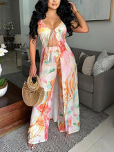 Fashion Print Lace-up Cardigan Top Wide Leg Pants Set