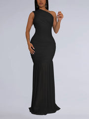 Elegant Mesh See-Through Oblique Collar Maxi Dress