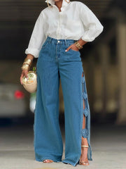 Fashion Cut Out Side Slit 3D Rose Jeans