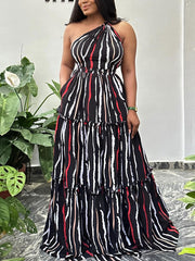 Sloping Shoulder Backless Print Dress