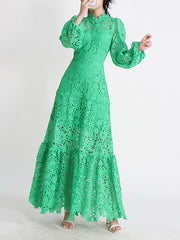 Elegant Floral Embroidered Hollow Ruffle Maxi Dress