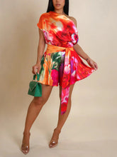 Fashion Skew Collar Print Backless Casual Romper