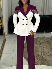 Elegant Lace Patchwork Slim Blazer And Pants Suit