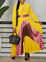 Fashion Color Block Bow Tie Neck A-line Pleated Dress