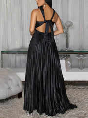 Fashion Backless Lace-up Pleated Maxi Dress