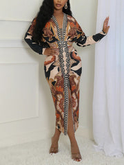 V-neck Print European Style Split Dress