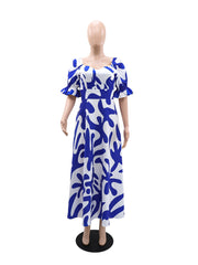 Elegant V-neck Print High Waist Maxi Dress