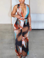 Print Deep V Backless Lace-up Strap Jumpsuit
