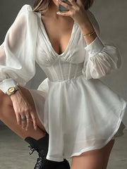 Elegant V Neck Puff Sleeve Ruffle Party Mini Dress