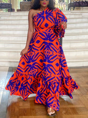 Sloping Shoulder Print One Sleeve Dress