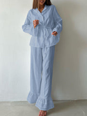 Casual Ruffle Lace-up Shirt Trousers Two Piece Set