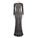 Rhinestone Sheer Mesh Patchwork Slim Maxi Dress