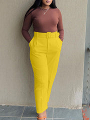 Elegant High Waist Straight Pants With Belt