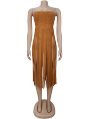Sexy Suede Strapless Solid Fringe Dress