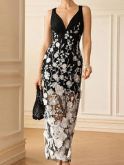 Fashion V Neck Embroidered Floral Patchwork Maxi Dress