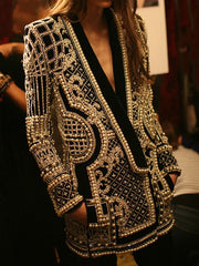 Fashion Beaded Pearl Print V Neck Blazer Jacket