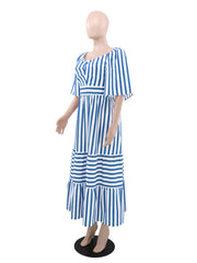 Casual Striped Print Patchwork V-neck Midi Dress