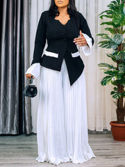 Fashion Flared Sleeve Top Pleated Wide Leg Pant Sets