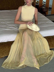 High Collar Sleeveless Sheer Mesh Patchwork Maxi Dress