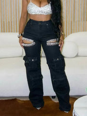 Fashion Rhinestone Cargo Jeans