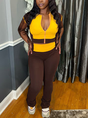 Round Collar Zipper Cropped Top High Waist Pant Sets