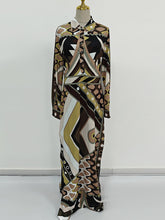 Retro Abstract Print Long Sleeve Maxi Dress