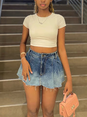 Casual Washed Gradient Color Denim Pleated Skirt