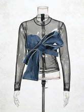 Sexy Denim Bow Patchwork See-through Mesh Top