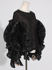 Round Collar Ruffle Patchwork Knitwear