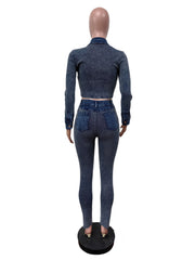 Denim Patchwork Ribbed Crop Top and Pant Two-Piece Set