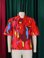 Casual Print Belted Tie Neck Top