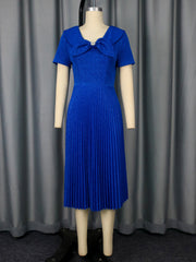 Elegant Shiny V Neck Bow Cinched Waist Pleated Dress