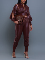 PU Leather Zipper Cropped Jogger Two Pieces Set