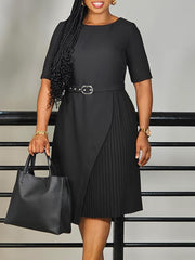 Round Neck Slim Office Career Pleated Dress
