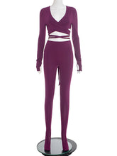 Casual V Neck Hollow Out Bandage Top Skinny Pants Set