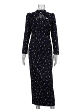 Elegant Stand Collar Lace-up Print Slim Maxi Dress