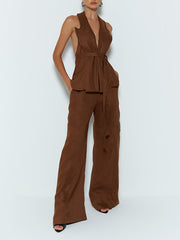 Fashion Tie-up Halter Backless Top Straight Pants Set