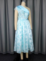 Elegant One Shoulder Jacquard Belted Midi Dress