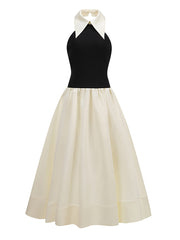 Elegant Halterneck Contrast Color A-Line Maxi Dress