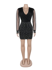 Sexy V-neck Patchwork Mesh Package Hip Dress