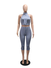 Casual Halter Stripe Sleeveless Top Skinny Pants Set
