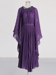 Elegant Round Neck Waist Belted Pleated Dress