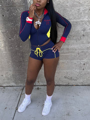 Casual Letter Embroidered Zipper Top Shorts 2 Piece Set