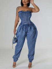 Elegant Solid Strapless Corset Denim Jumpsuit