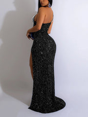 One Shoulder Rhinestone Sequin High Split Maxi Dress