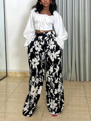 Casual Print Lace-up Crop Top Wide Leg Pants Set
