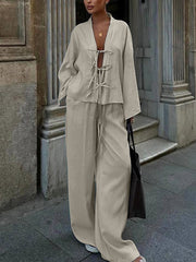 Casual V Neck Lace-up Shirt Wide Leg Pants Set