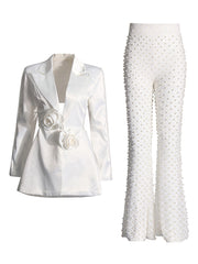 Sexy Hollow Out Pearl Embellished Blazer Set